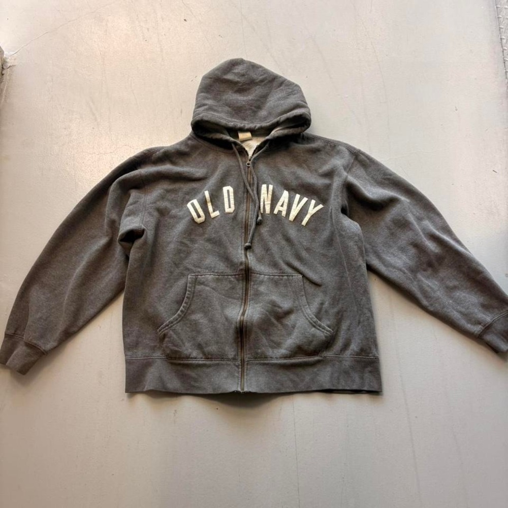 Vtg Old Navy Embroidered Spell out grey zip up hoodie Size XL